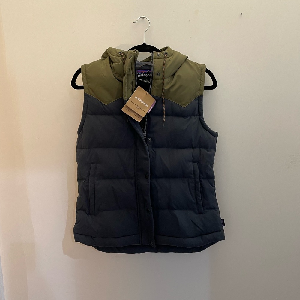 Patagonia Olive and Gray Hooded Puffer Vest